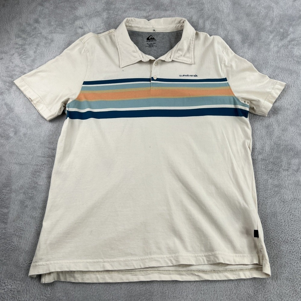Quiksilver Striped Cotton Polo Shirt Mens XL Beige Blue Orange Surf Casual Golf